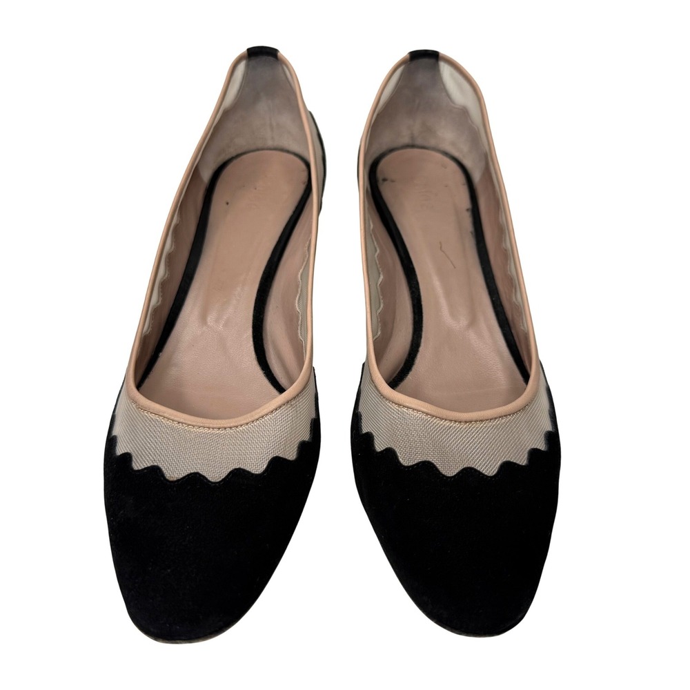 Chloe Lauren Scalloped Mesh Suede Block Heel Pumps Black Beige Size 39‎ Italy